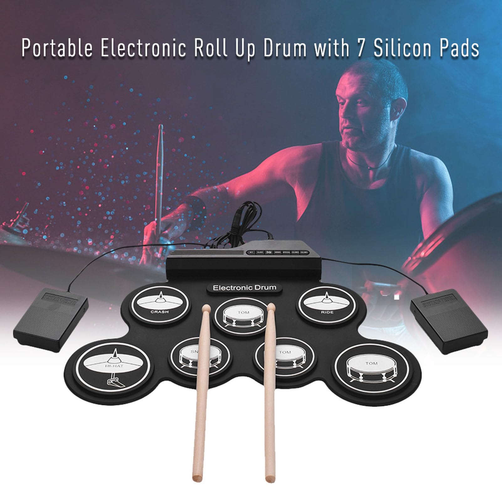 Tambor Electrónico Portátil, Almohadilla de Tambor Silicona Plegable USB con Pedal Pie y Metrónomo para Principiantes, Home Studio, Escuela, Gimnasio, Conveniente para Uso Diario, Interactivo
