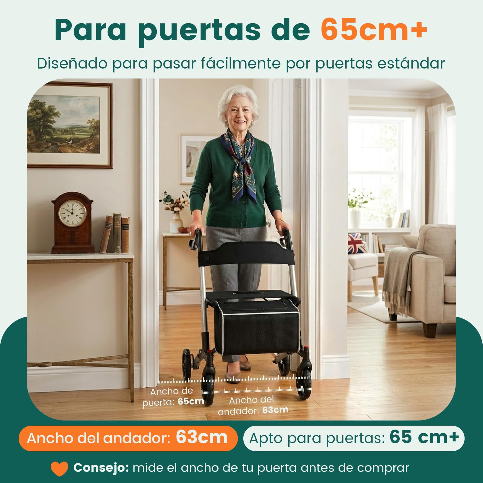 Andador con asiento, Andador de 4 ruedas plegable para adultos, Soporta hasta 136 kg, Sistema de doble freno, Ruedas de 8"", 6 niveles de altura ajustable, Bolsa extraíble y Respaldo – Plata