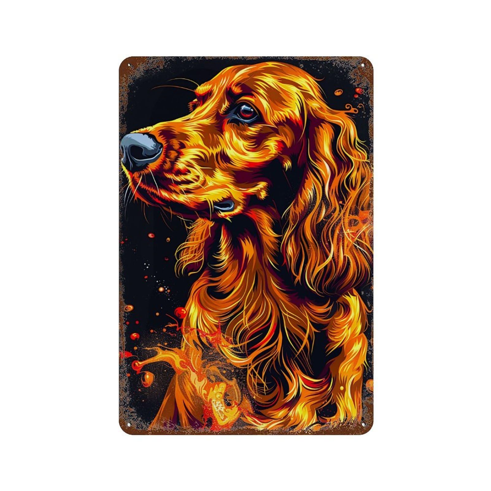 Distressed Metal Wall Sign Flaming Golden Retriever Art Print 11.8"x7.9", Vintage Wall Decor for Garage, Bar And Workshop Decor