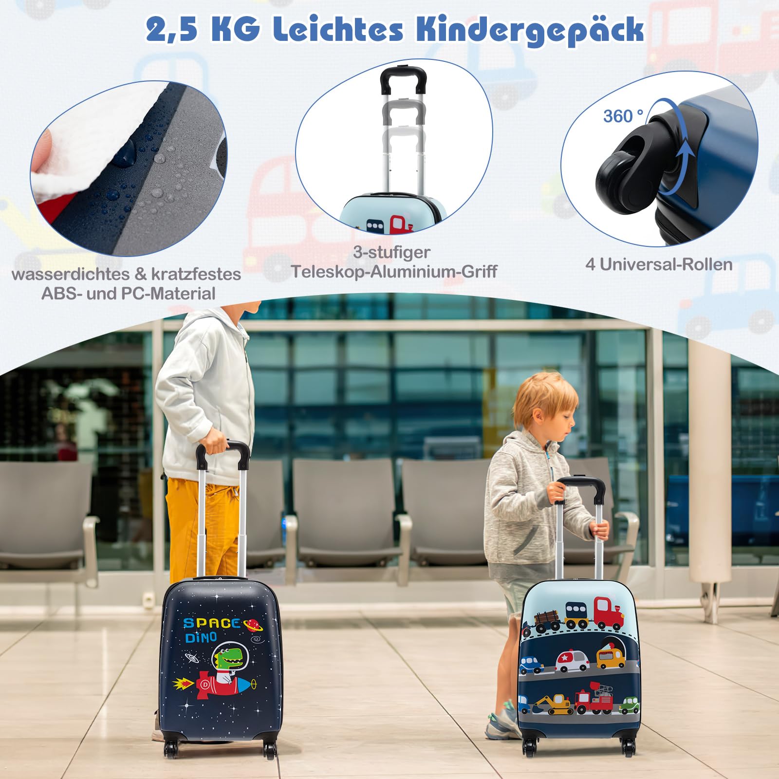 COSTWAY 5-częściowa walizka dziecięca + plecak, wózek dziecięcy z pudełkiem na lunch, zawieszka do bagażu i poduszka na kark, bagaż dziecięcy z kółkami, bagaż podręczny, walizka podróżna z twardą
