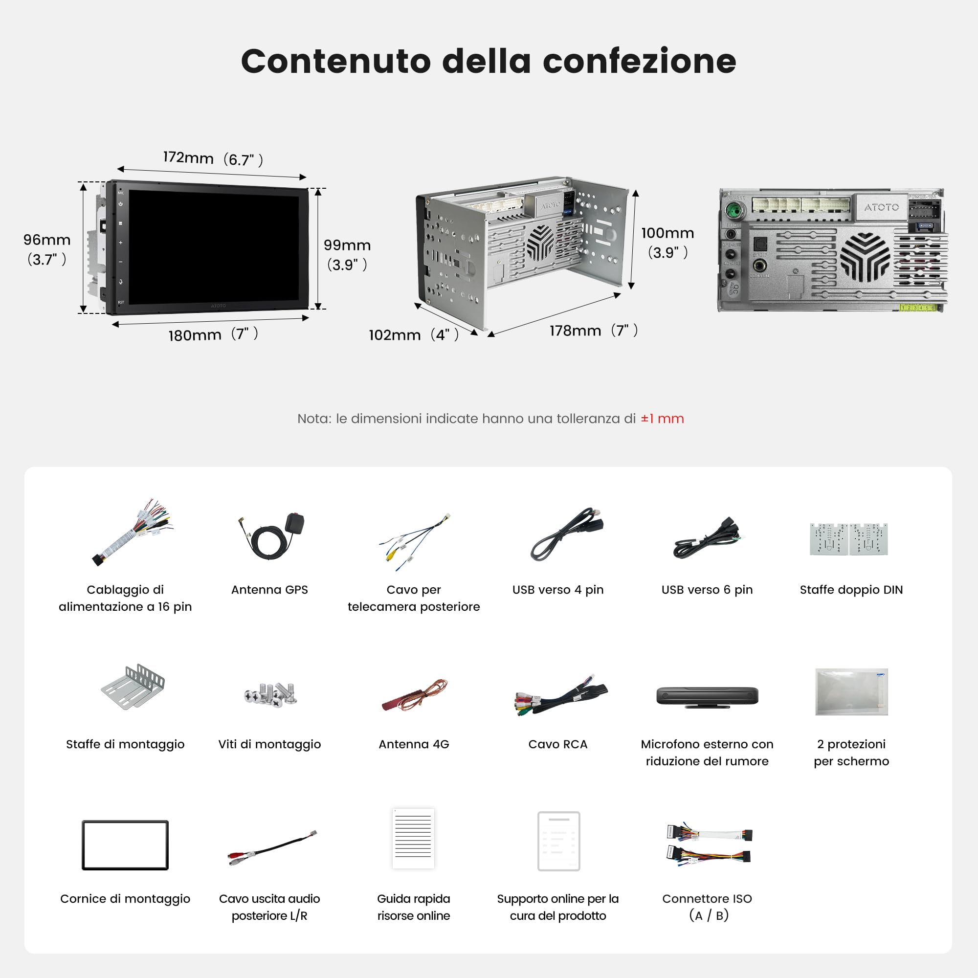 ATOTOZONE Autoradio 2 Din Android, 7" QLED Schermo Touch 4G+64G Sistemi multimediali, Wireless CarPlay e Android Auto, 4G LTE, WiFi/BT/USB, Hi‑Fi DSP w/ 4V Pre‑Outs, Chat IA & Tracciamento GPS,FM/RDS