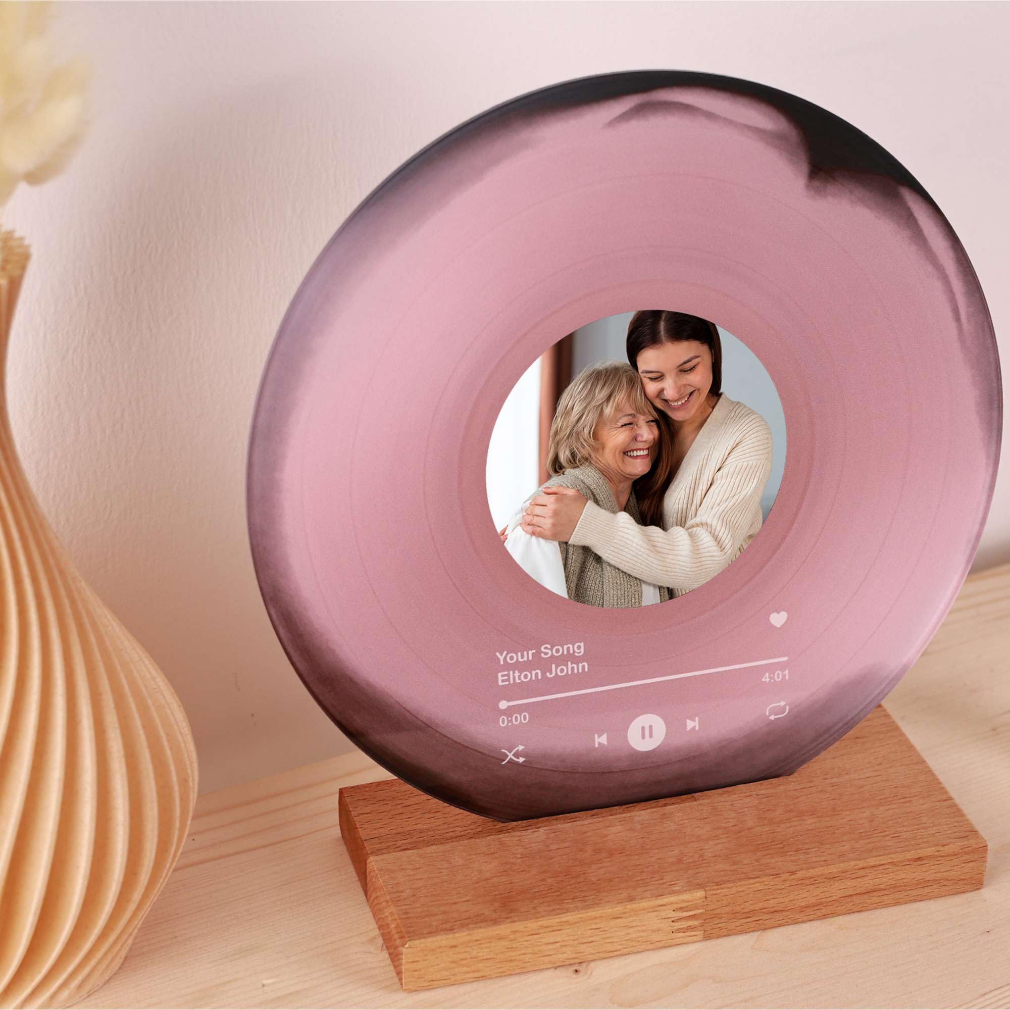 bonibom Personalized Vinyl Record with Photo - Custom Acrylic Song Plaque - Unique Gifts for Anniversary, Wedding, Birthday, Valentine’s Day - Decorative Music Home Decor for Couples (Pale Pink)