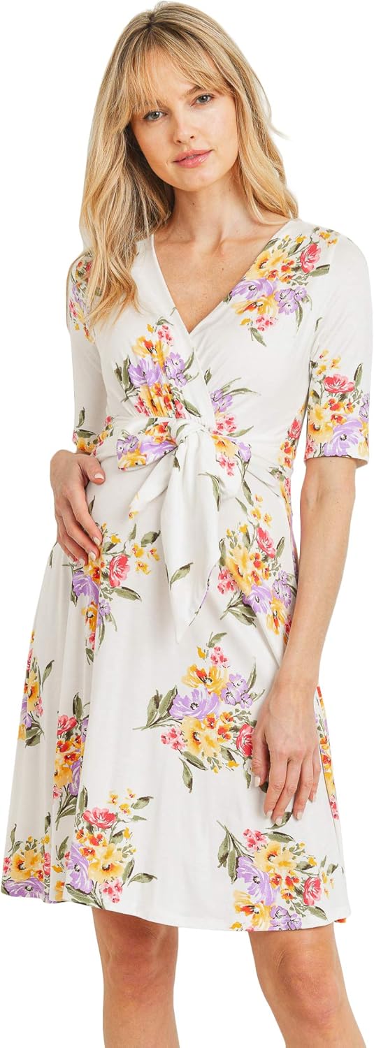 HELLO MIZ Women's Maternity Short Sleeve Knee Length Wrap Dress for Baby Shower