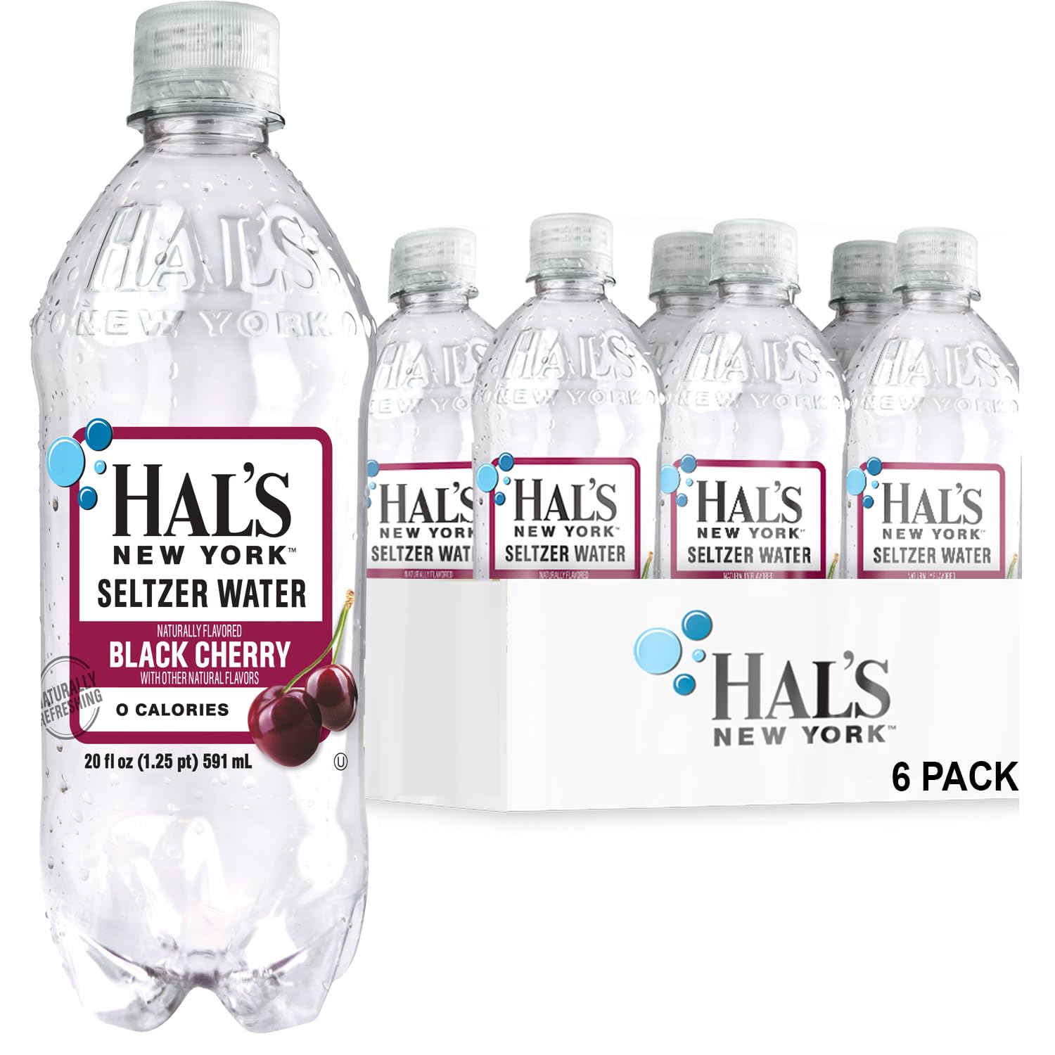 Hal's New York Seltzer Water, Black Cherry Sparkling Water, 20 Fl Oz Bottle (Pack of 6)