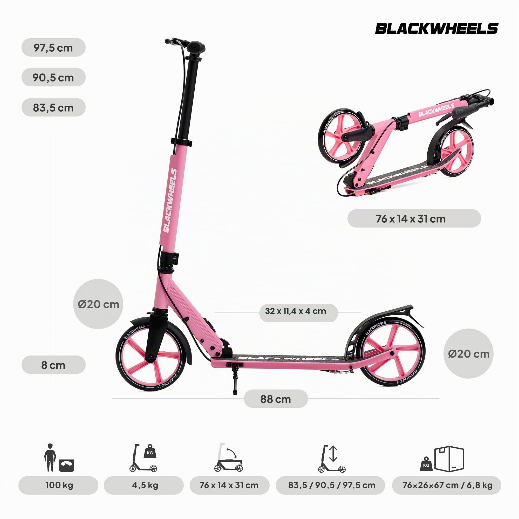Blackwheels Orio Trottinette Urbaine Pliable – Grandes Roues 200mm, Réglable, Légère Aluminium, Sangle de Transport, Deck Antidérapant, ABEC 7, Confortable pour Adultes et Ados