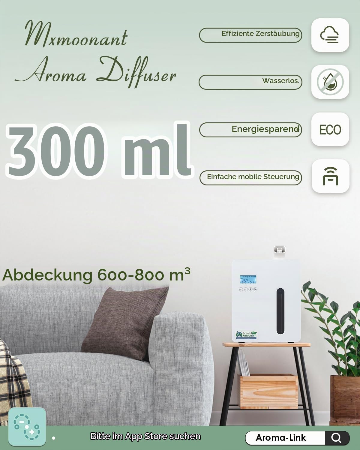 Mxmoonant wandmontierte Duftmaschine, 300ml Flasche | App/WLAN-SteuerungSteuerung, HVAC anschließbar,600-800m³, Acrylplatte, für Große Räume, Hotel