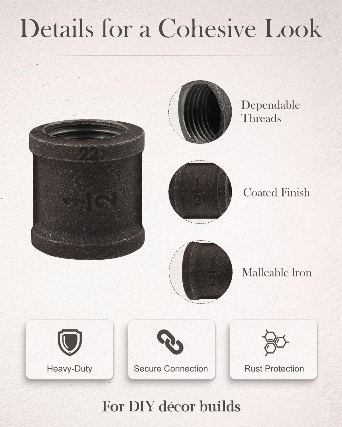 Paquete de 20 acoplamientos de tubería de hierro fundido maleable de 1,27 cm, bridas industriales para tuberías y accesorios negros roscados, estilo vintage industrial steampunk.