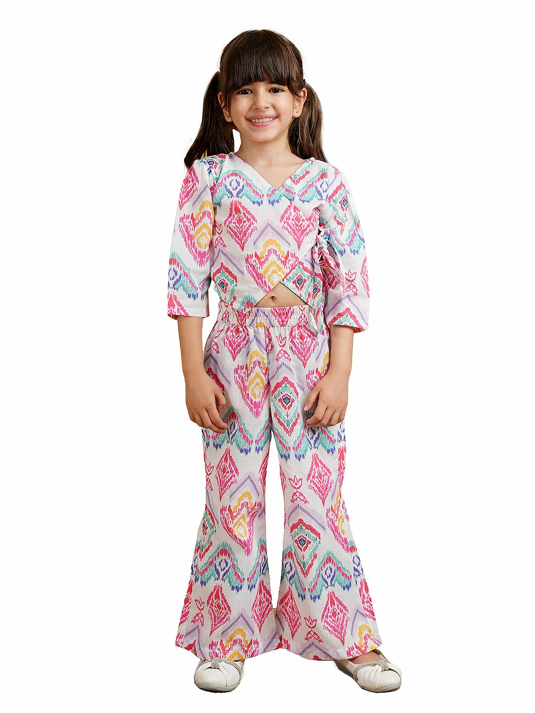 AJ DEZINES Kids Cotton 3/4th Sleeve Co-ords Set for Girls - Casual Outfit | Vacation Wear | Beach Dress | Abstract Printed Top and Bottom Set for girls - Regular Fit