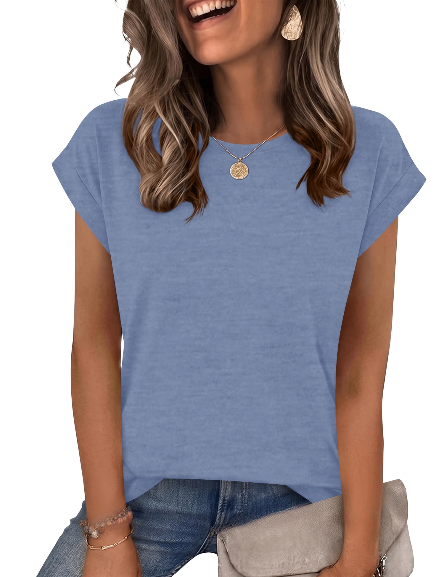 Womens Summer Tops Short Sleeve Shirts Cap Sleeve Tops Crew Neck Cute Trendy Tunic Blouses Dressy Casual Outfits 2026
