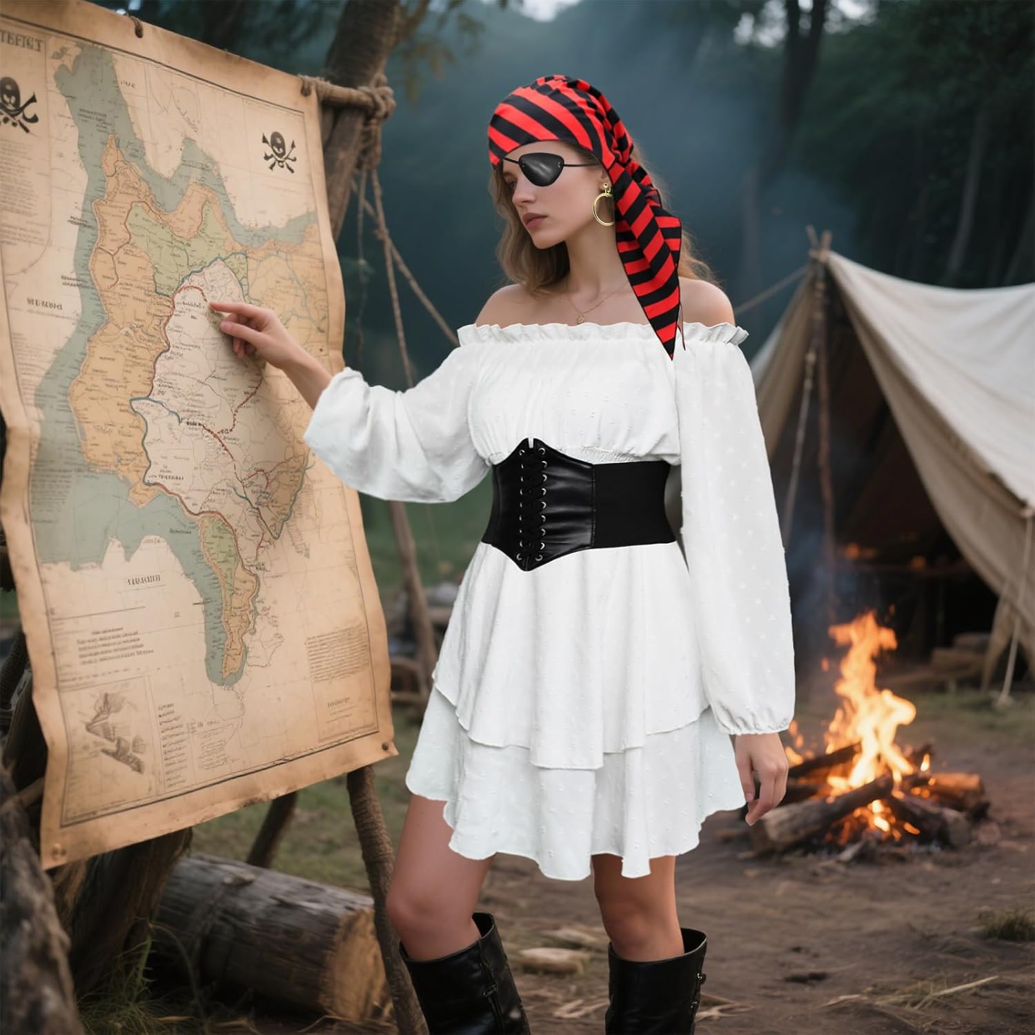 Women Pirate Costume Dress with Corset Set - Off Shoulder Long Sleeve, Renaissance Outfit with Bandana - Image 5