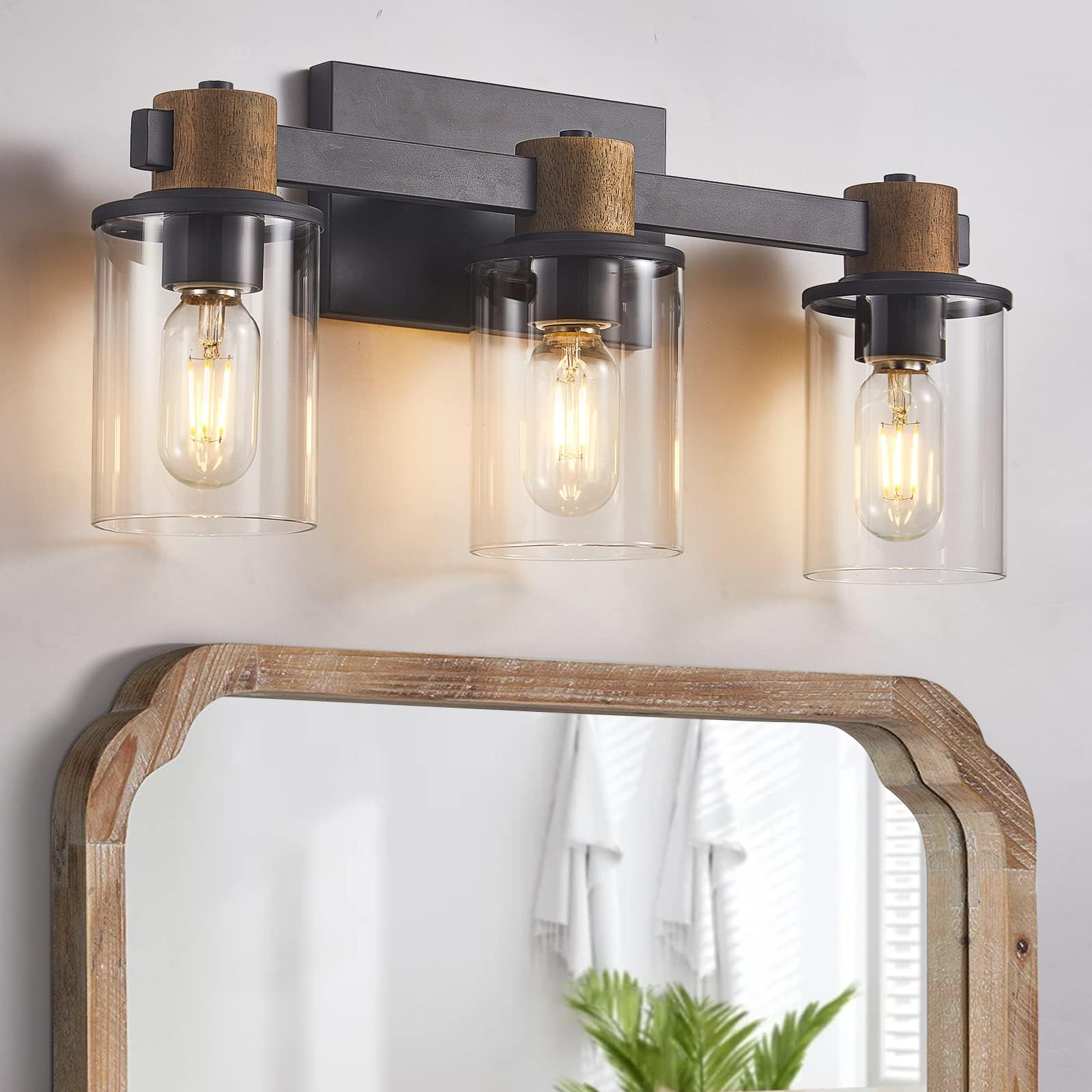 DADULFarmhouse Bathroom Light Fixtures, Rustic Antique Wooden Vanity Lights with HD Clear Glass Shade, Bathroom Lights Over Mirror, Suitable for Bathroom, Dressing Table, Living Room and Bedroom