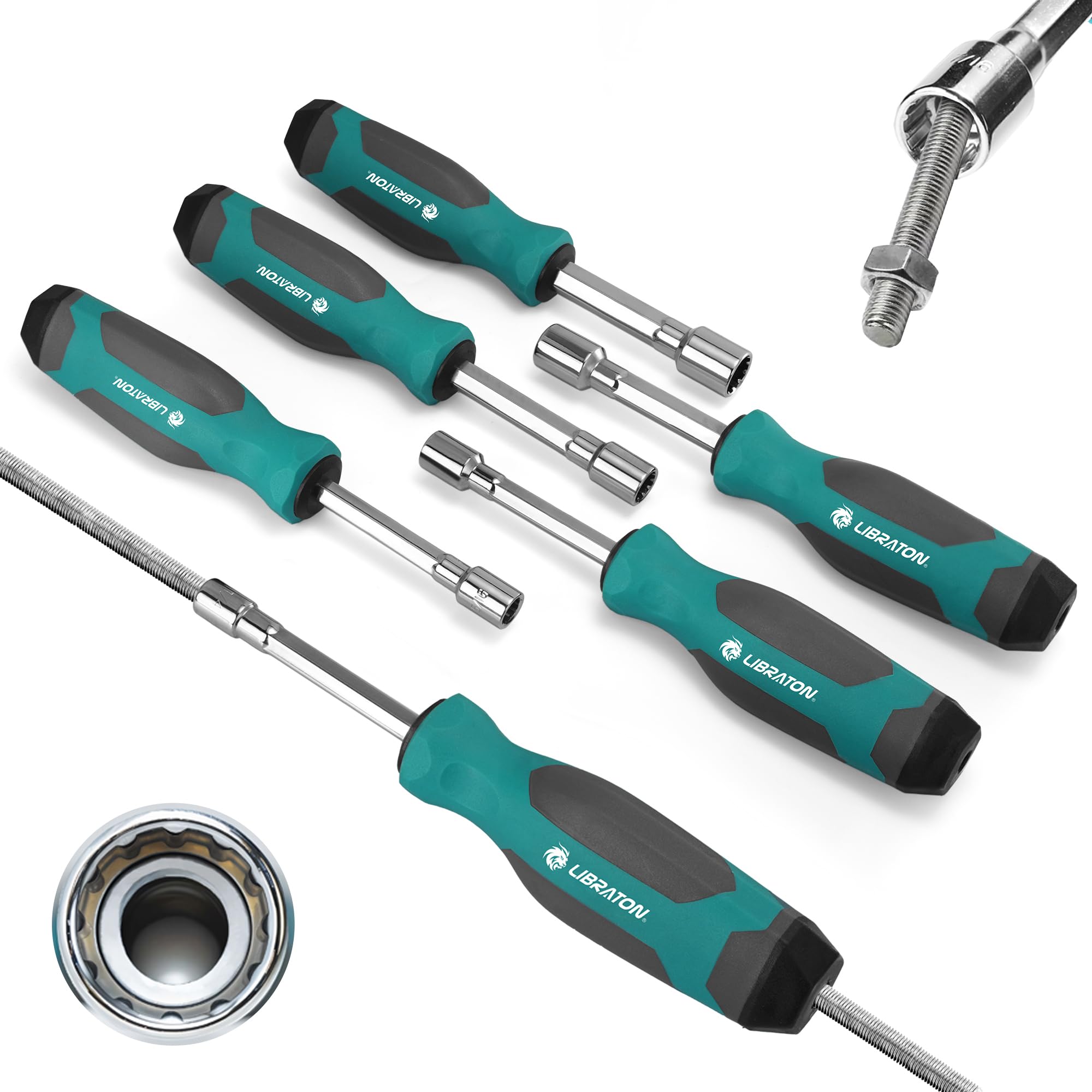 LIBRATON Full-Hollow Nut Driver Set SAE, 12-Point Magnetic Nut Drivers, Hollow Shaft for Long Bolts, 6PCS Heavy Duty Magnetic Nut Drivers with