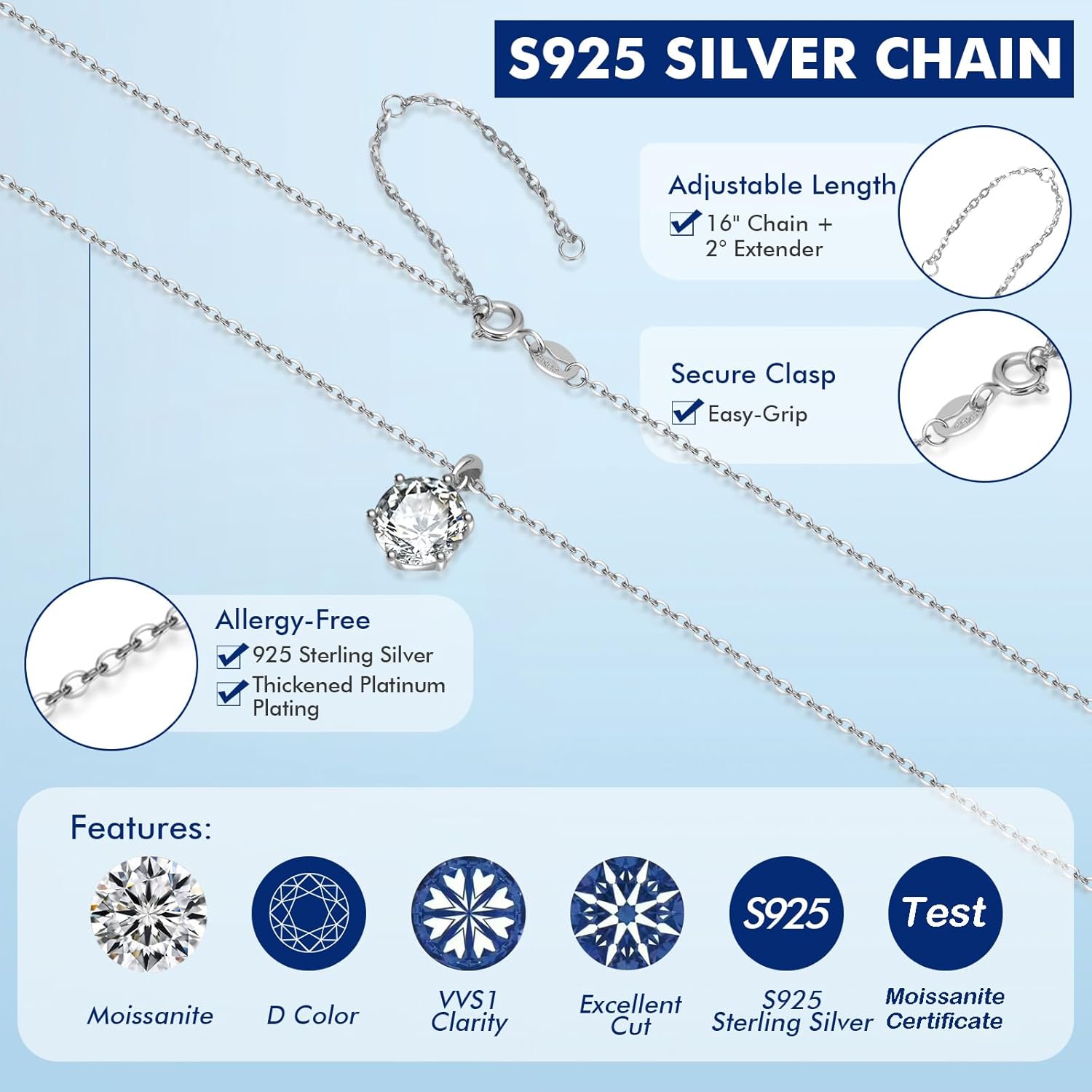 SecreTalk Moissanite Pendant Necklace for Women, 1-5CT 925 Sterling Silver D Color Necklace with Certificate of Authenticity - Image 3