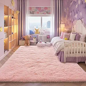 Pink Fluffy Rugs for Bedoom Girls, 5x7 Soft Faux Fur Area Rug - Cozy Fuzzy Plush Non-Slip Shaggy Carpet for Living Room, Kids Girls Room Home Dorm Nursery