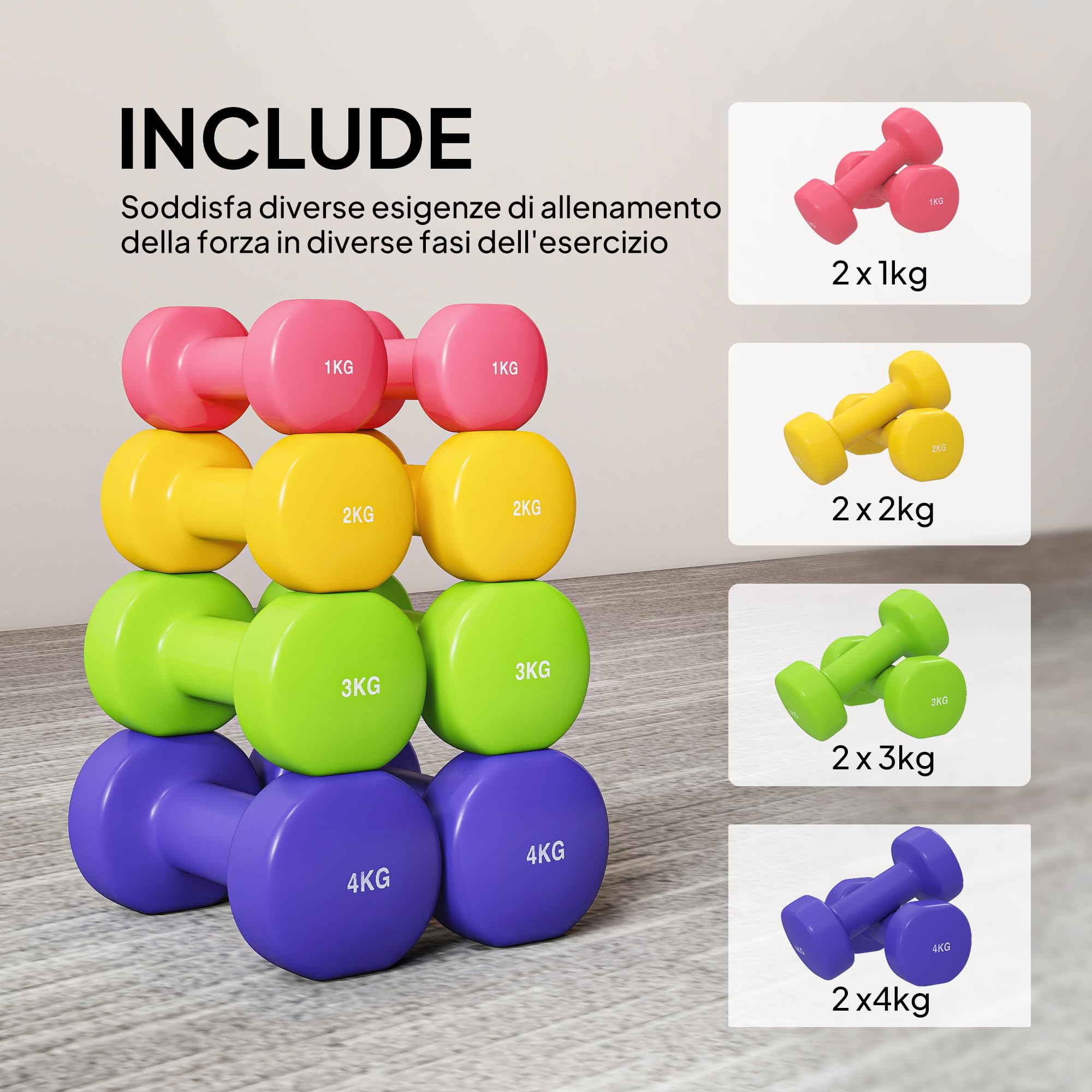 HOMCOM Set 8 Manubri da 20 kg con Design Esagonale, Pesi da Palestra in Acciaio e PU da 2x1kg, 2x2kg, 2x3kg, 2x4kg, Multicolore