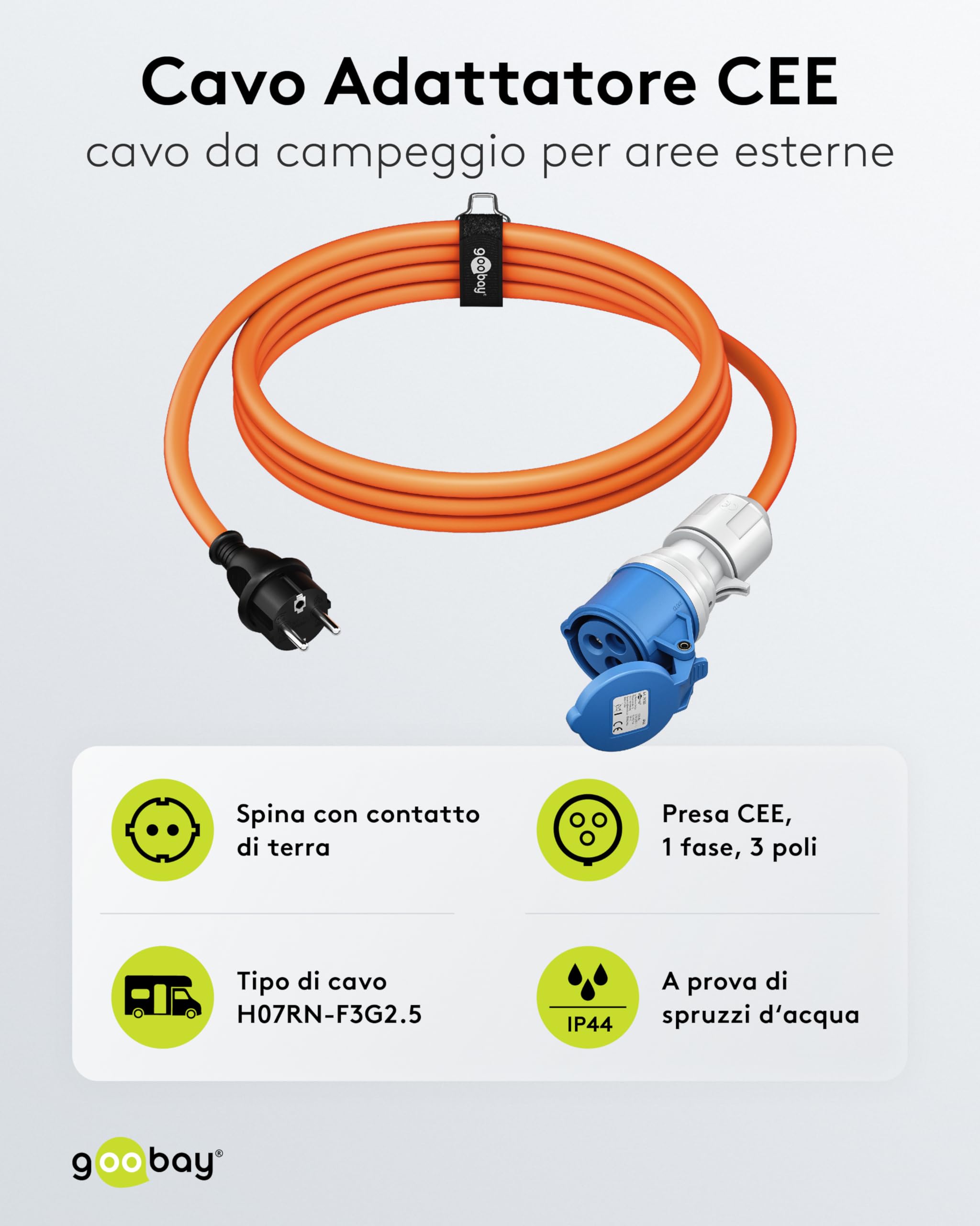 goobay Cavo adattatore CEE per caravan, 5 m, spina con contatto di protezione a presa CEE con coperchio di chiusura, IP44, cavo da campeggio, camper e caravan, 76219
