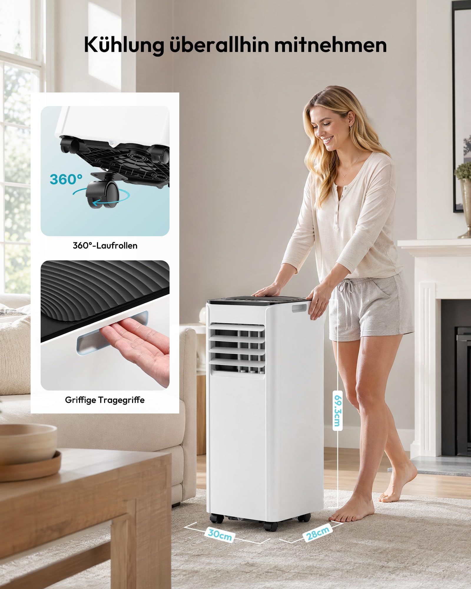 Mobile Klimaanlage 9000 BTU 4-in-1 Klimagerät mit Abluftschlauch Digitaldisplay Fernbedienung Fenster-Installationsset 24h-Timer