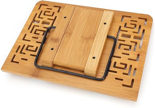 Miniatura 3 de Soporte para libros de bambú XL de tamaño grande, soporte para libros de cocina, escritorio de lectura con 5 alturas ajustables, bandeja plegable y