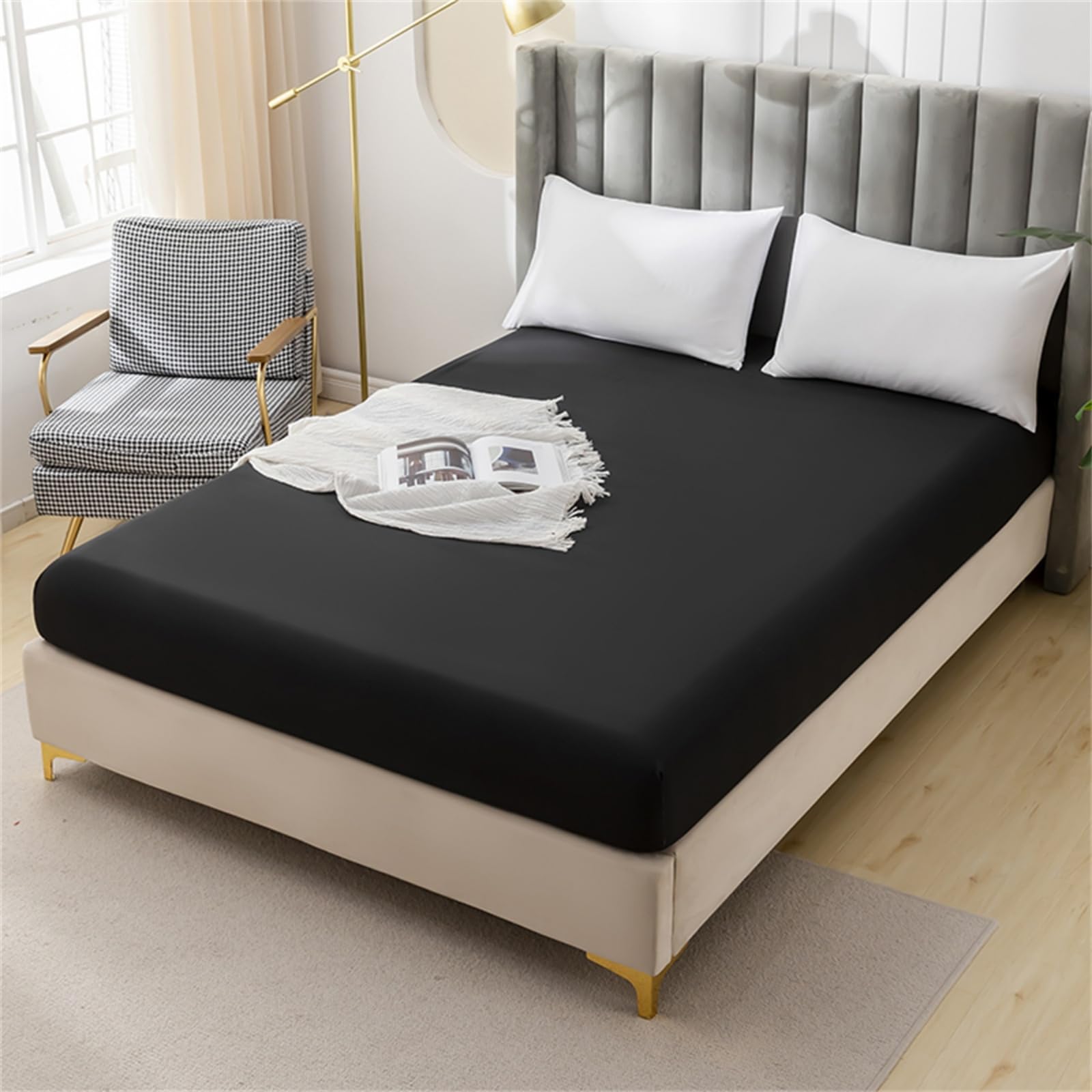 JUWENIN,Fitted Sheet Microfiber, Brushed Finish, Wrinkle, Fade, Stain Resistant, One Fitted Bed Sheet (Twin, Black)