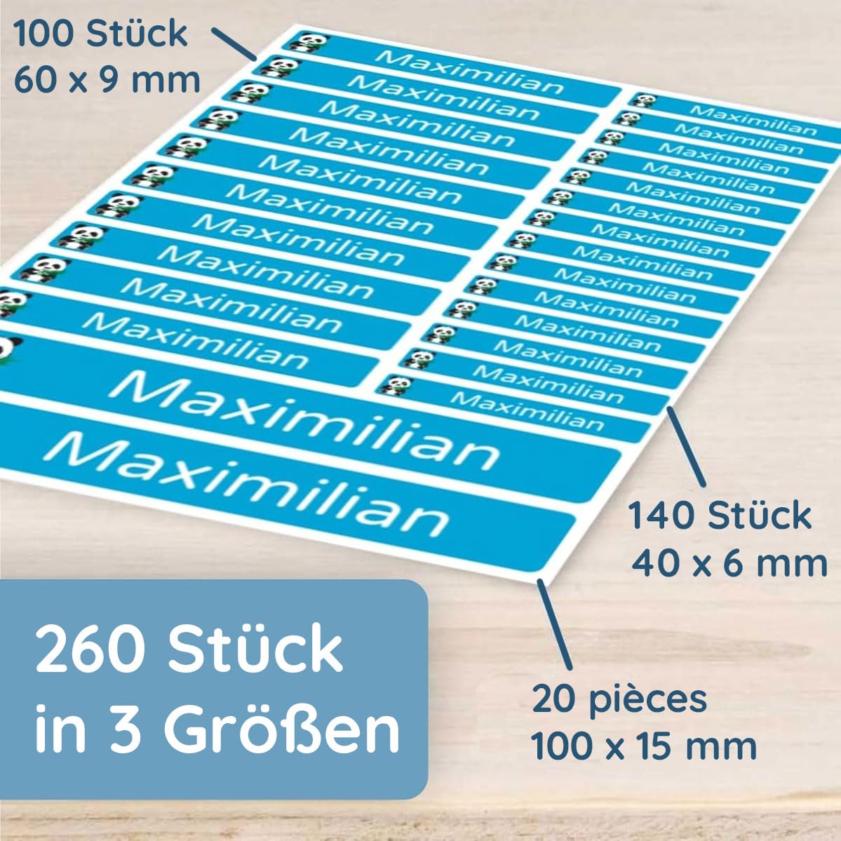 KINDER-DRUCKEREI 260 Stück personalisierte Namensaufkleber für Kinder - 3 Größen Set Mini/Mittel/Groß - Spülmaschine geeignet/Wasserfest/Kratzfest für Innen und Außen