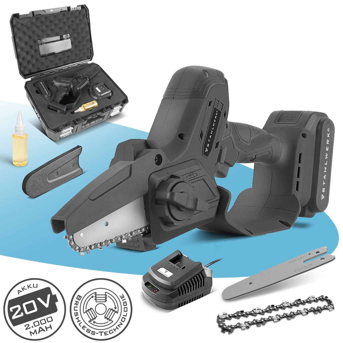 STAHLWERK Mini motosega a batteria (MAK-20 ST) – Set con batteria da 2 Ah, caricabatterie, catena di ricambio e spada di ricambio, sega a mano senza brushless, 6"/15,2 cm, 4,8 m/s, per legno, rami