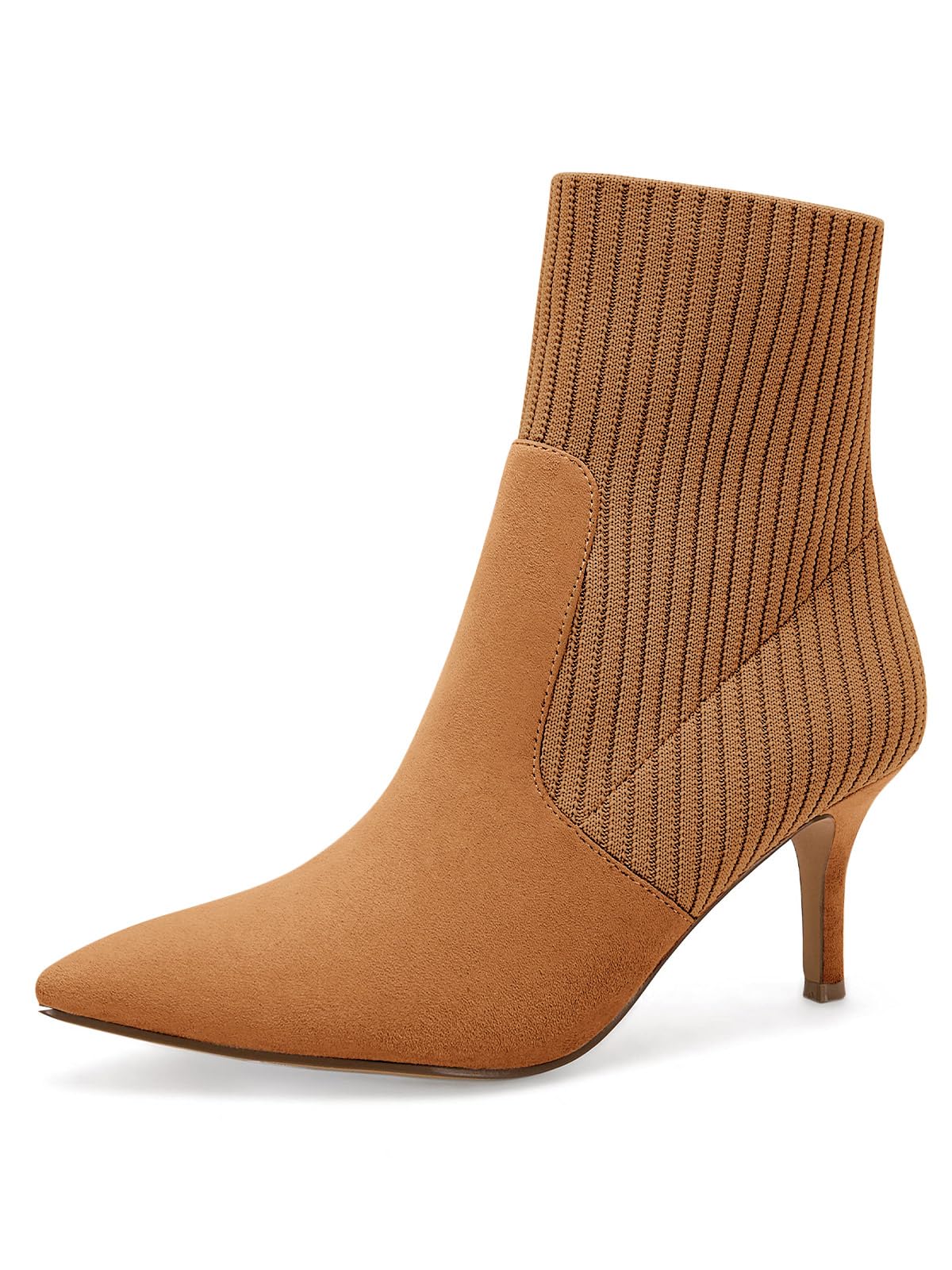 Coutgo Womens Pointed Toe Ankle Boots Stiletto Kitten Heel Knit Faux Suede Winter Sock Booties