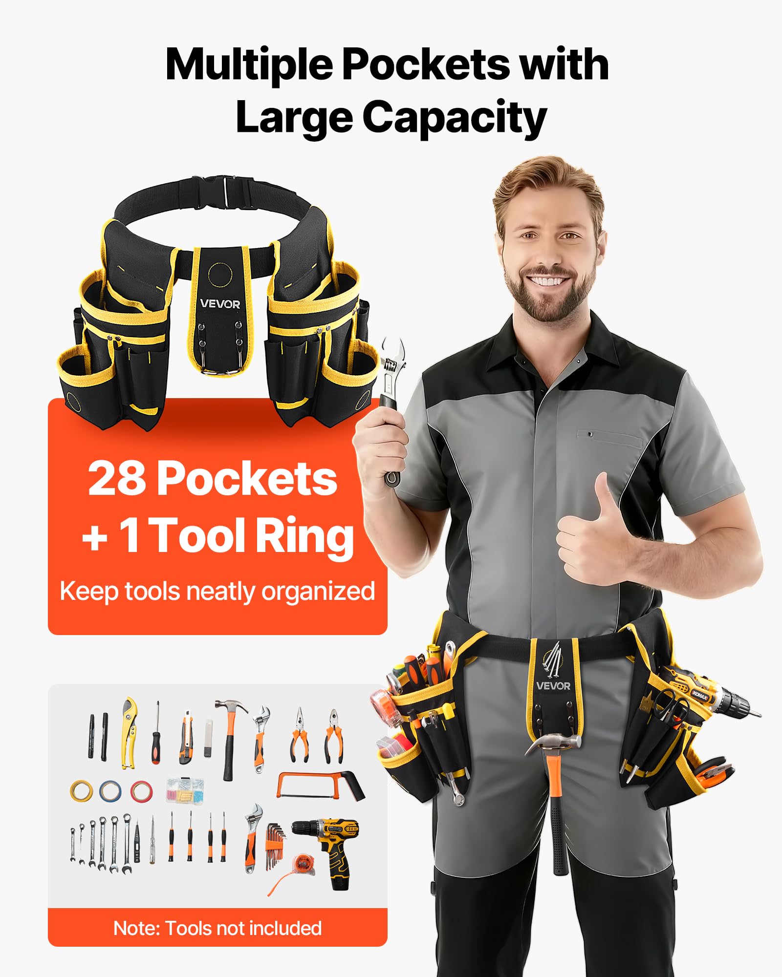 VEVOR Cintura Porta Attrezzi da Carpentiere con 28 Tasche, Marsupio Porta Attrezzi da Elettricista, Regolabile e Resistente, per Carpentieri, Edilizia, Regolabile in Vita da 78,7 a 121,9 cm