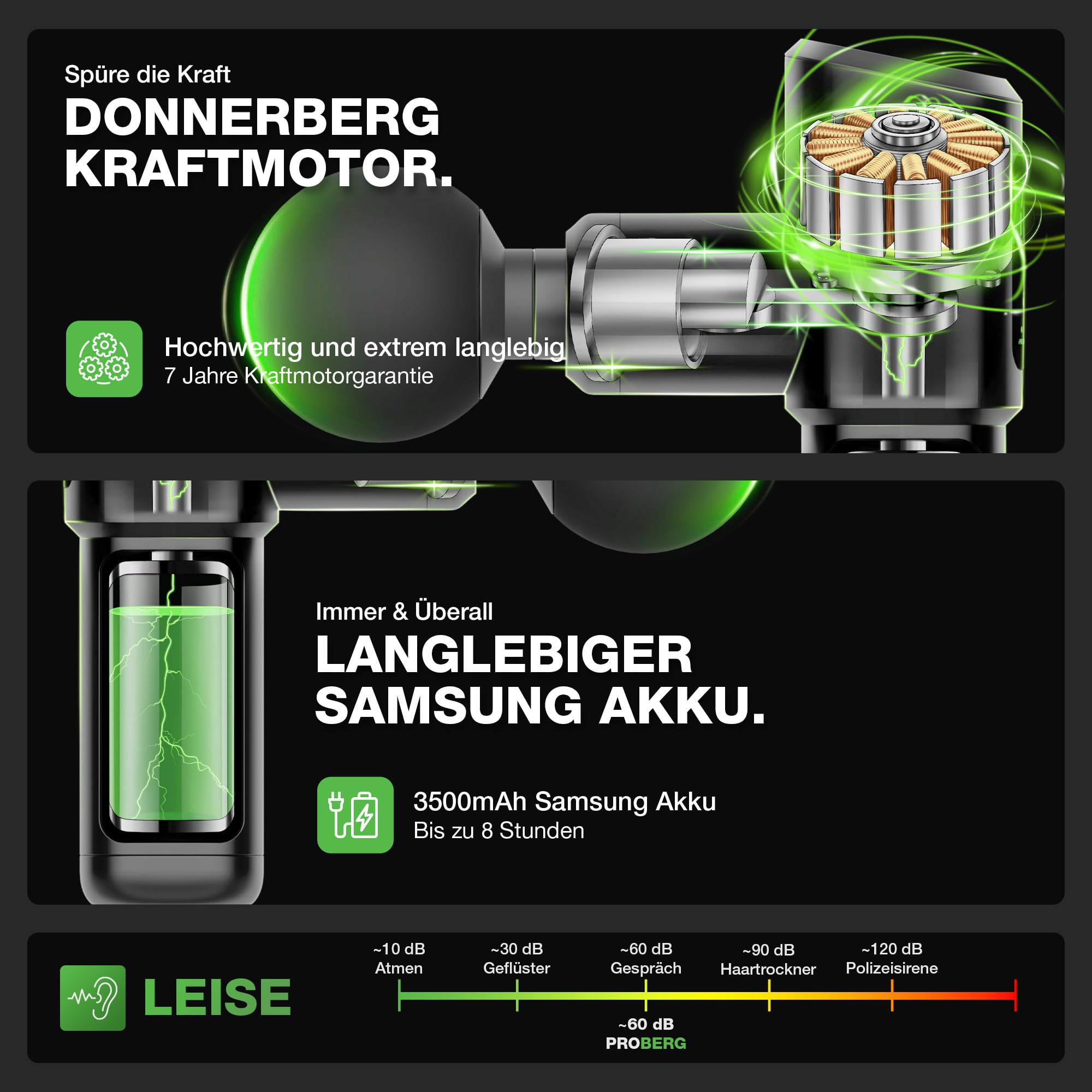 DONNERBERG® Proberg Massagepistole Kraftvolle für Muskelentspannung | Muskel-Perkussions-Massagegerät mit 12 mm Amplitude & 24 kg Druckkraft, langlebiger 3500 mAh Markenakku – Geschenk für Männer