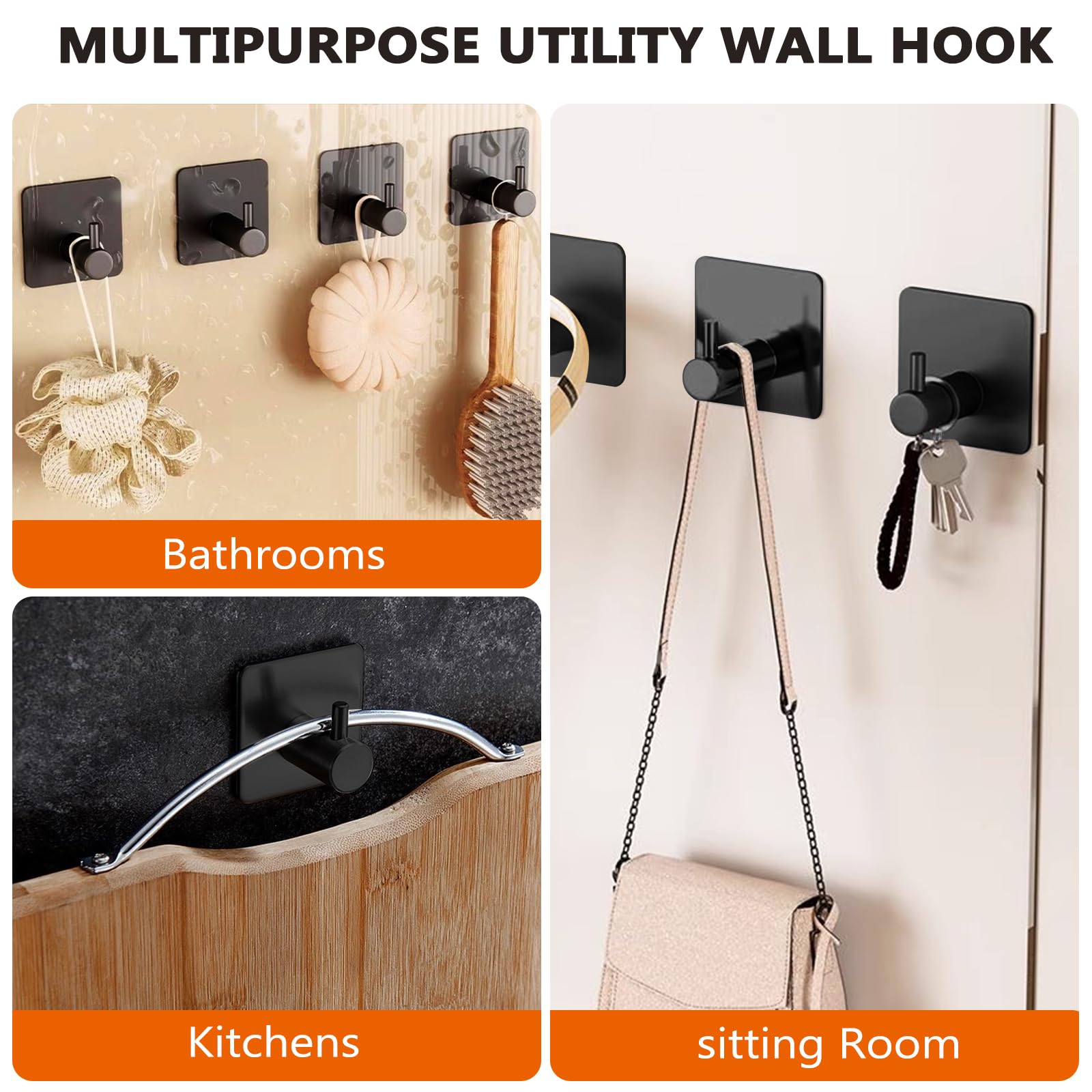 Appendiabiti Da Parete, Appendi Accappatoio Bagno, Ganci Adesivi Bagno, Appendini Adesivi, Gancio Adesivo, Adatti Per Bagni, WC, Cucine E Camere Da Letto, Nero (8 Pezzi)