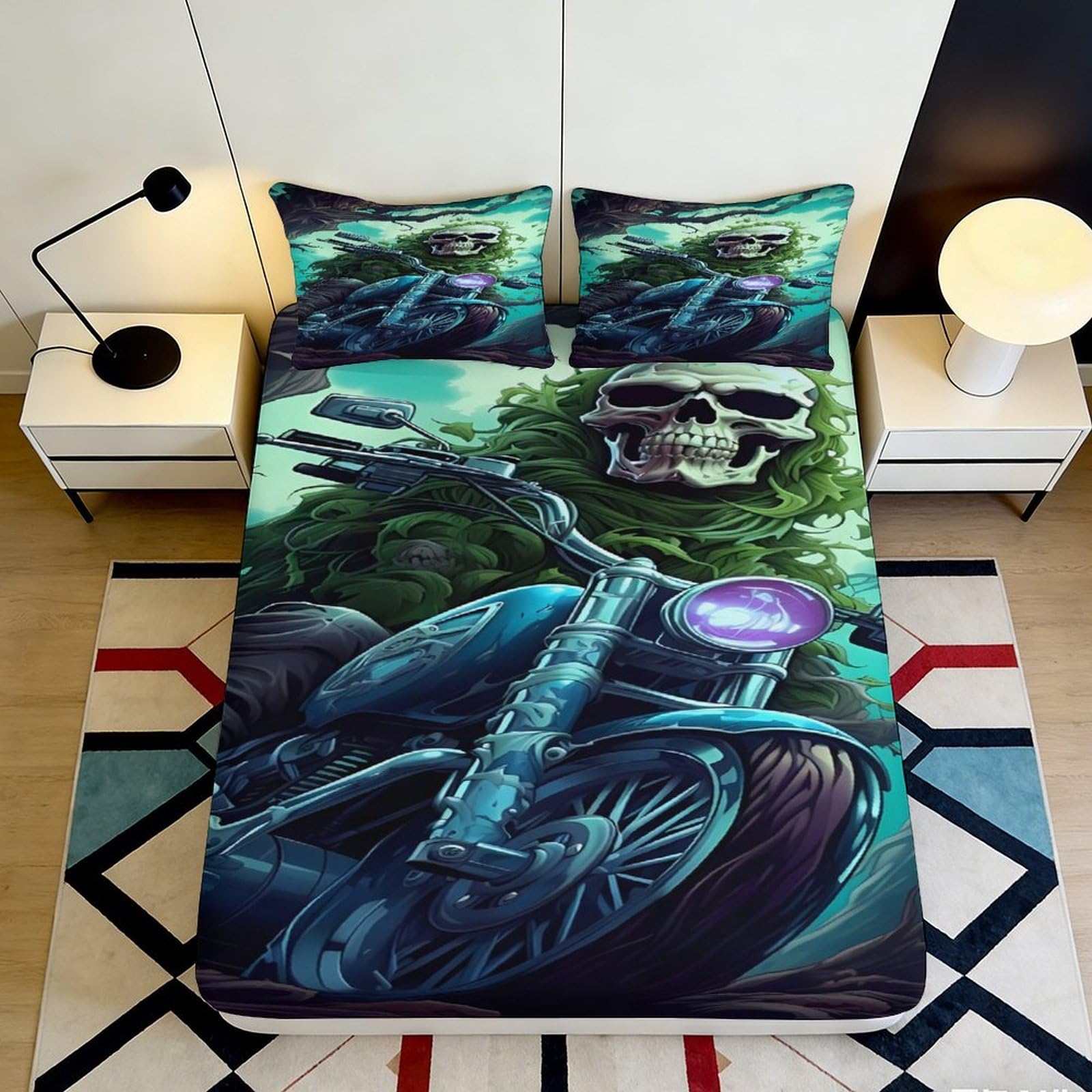 3D Printed Skeleton Motorcycle Fitted Sheet Microfiber Soft Breathable Skull Rider Bed Cover for Bedroom Dormitory Guest Room Mattress Protection 160x200x25cm