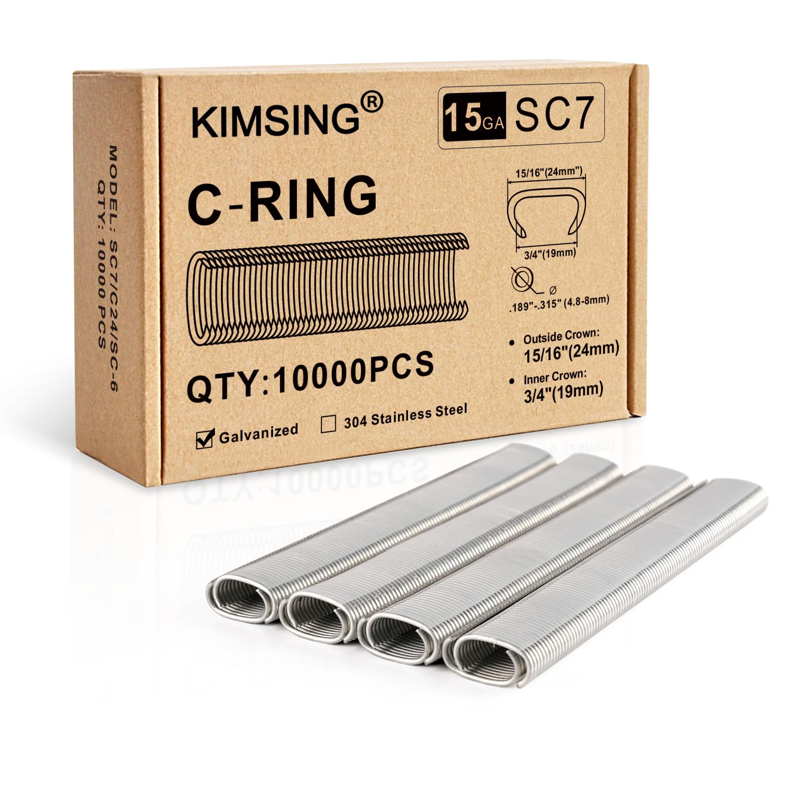 SC7 Gauge 19mm Interior Corona 24mm Exterior Corona Galvanizado C Anillo Grapas 10,000 PCS/Caja, C-anillos para Hog Ring Gun C Ring Alicates | Corona int. 19mm - ext. 24mm, cierre 4,8-8mm, para pinzas C 15GA, jaulas animales & asientos auto