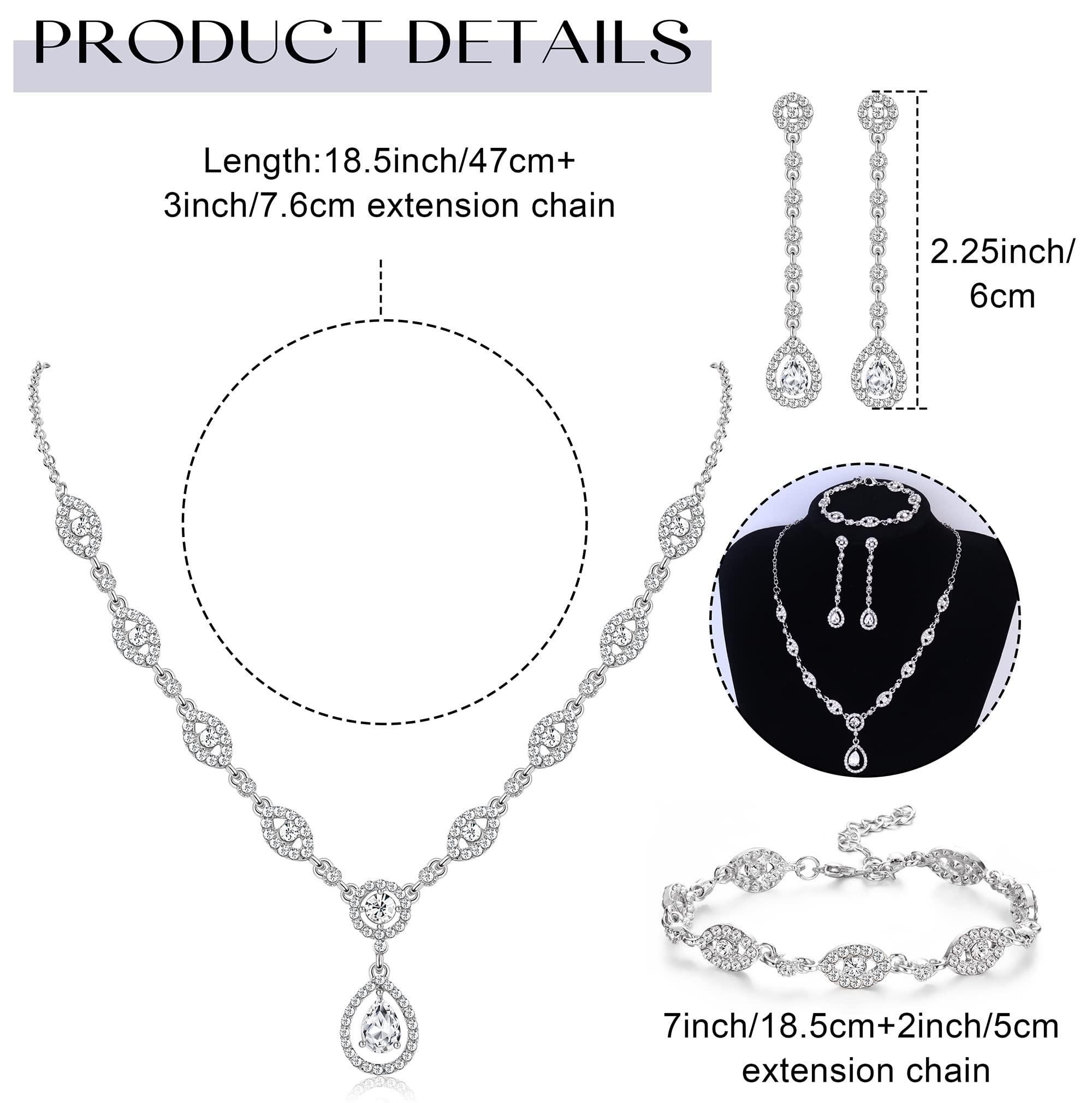 YADOCA Wedding Bridal Jewelry Set For Women Silver Prom Costume Jewelry Sets Rhinestone Crystal Teardrop Necklace Earrings Bracelet Bridesmaid Jewelry Accessories Blue Silver Red Rose Gold