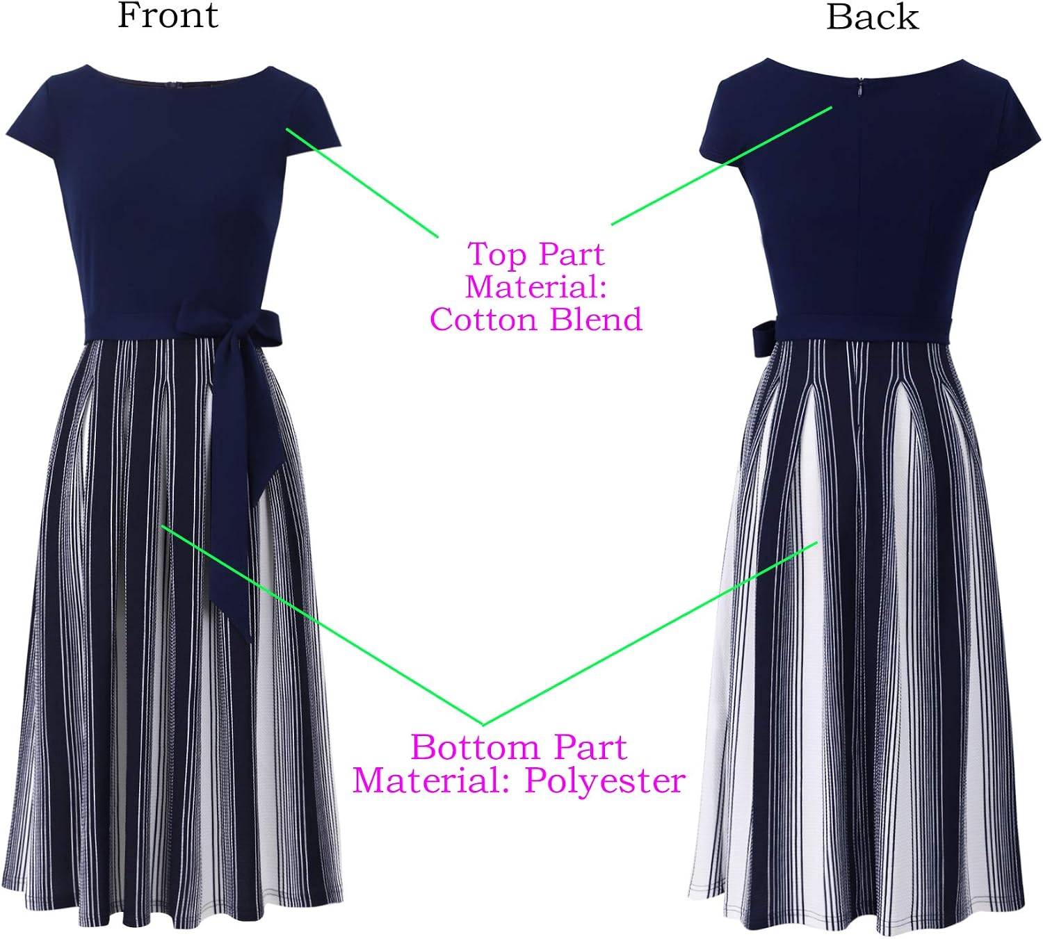 VFSHOW Womens Elegant Patchwork Pockets Belted Pleated Work Office Business Casual Party A-Line Midi Dress