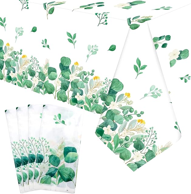 4 Pack Eucalyptus Leaf Tablecover - Sage Greenery Tablecloth Plastic Green Leaves Rectangular Greenery Table Cloths for Neutral Baby Shower Birthday Jungle Wedding Party Supplies, 86 x 51 inches