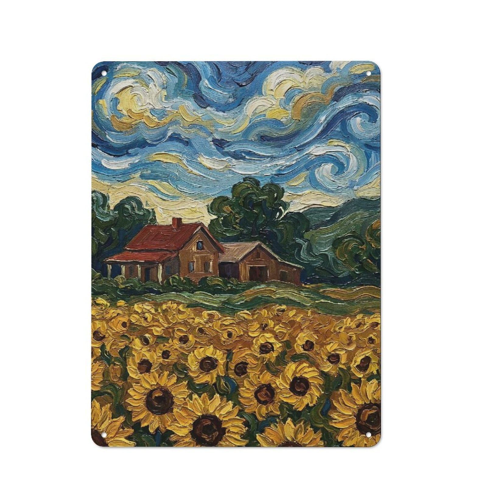 Junmoney Style-16 Sunflower Field With House Painting Tin Sign 40X30cm, Creative Studio Wall Plaque For Hobby Room, Office, Lounge Or Living Room