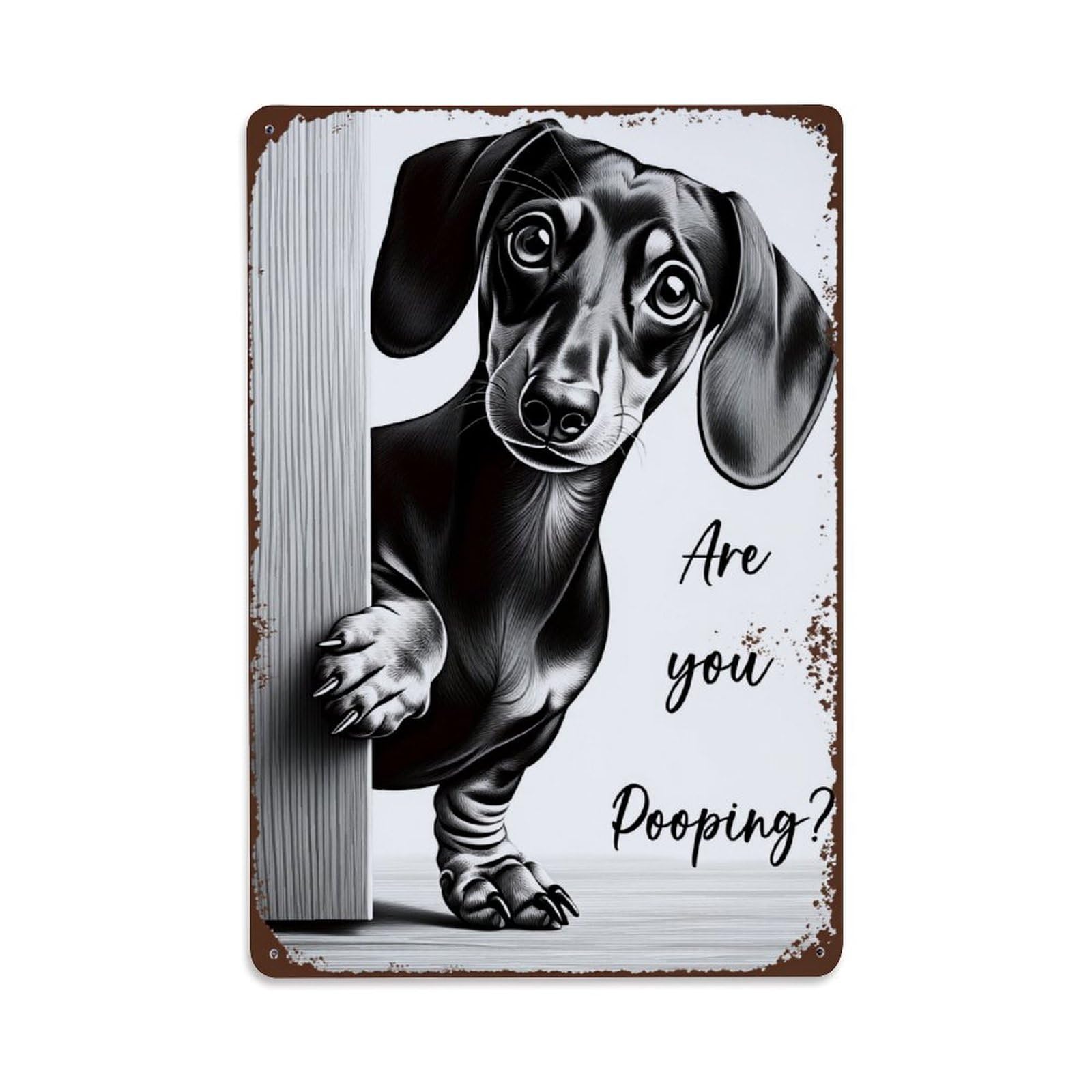 Enderetf Vintage Dachshund Peeking Door Pooping Question Tin Sign Metal Poster, Home Bar Garage Man Cave Cafe Indoor & Outdoor Wall Decoration 8X12inches