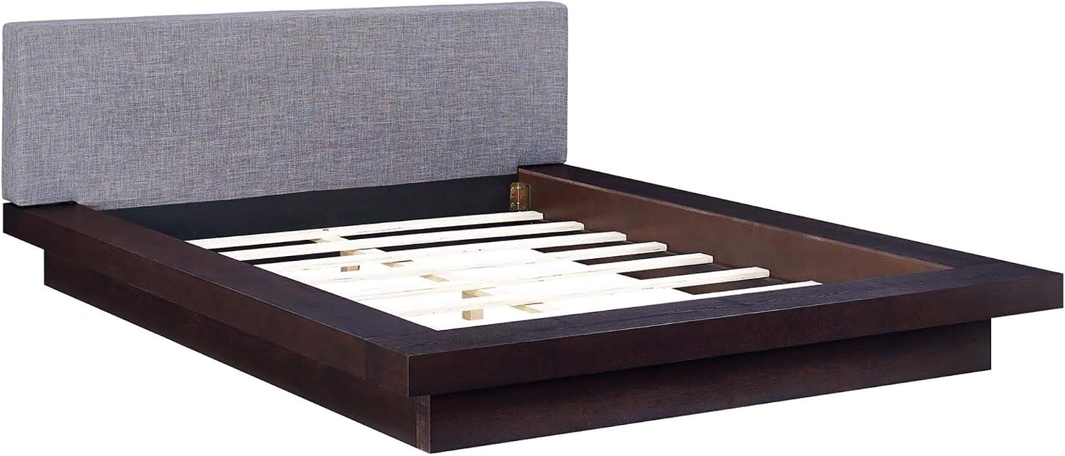 Ergode Freja Queen Platform Bed | Sleek Modern Design | Cappuccino Veneer | Upholstered Headboard | Slatted Support System | Stable & Versatile | Mattress not included