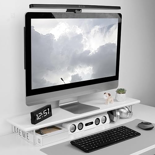 Miniatura 7 de Soporte elevador de bambú para monitor con patas acrílicas para escritorio, estante de escritorio de 31.5 pulgadas para monitor de computadora de