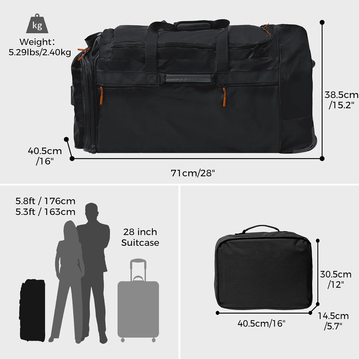 Rolling Duffle Bag for Travel with 3 Wheels, 28" 110L-120L Large Waterproof Wheeled Duffel, Expandable Fold-Up Travel Duffel Bag, No-Sag Design Lightweight Soft Carry On Luggage for Men Women - Image 6
