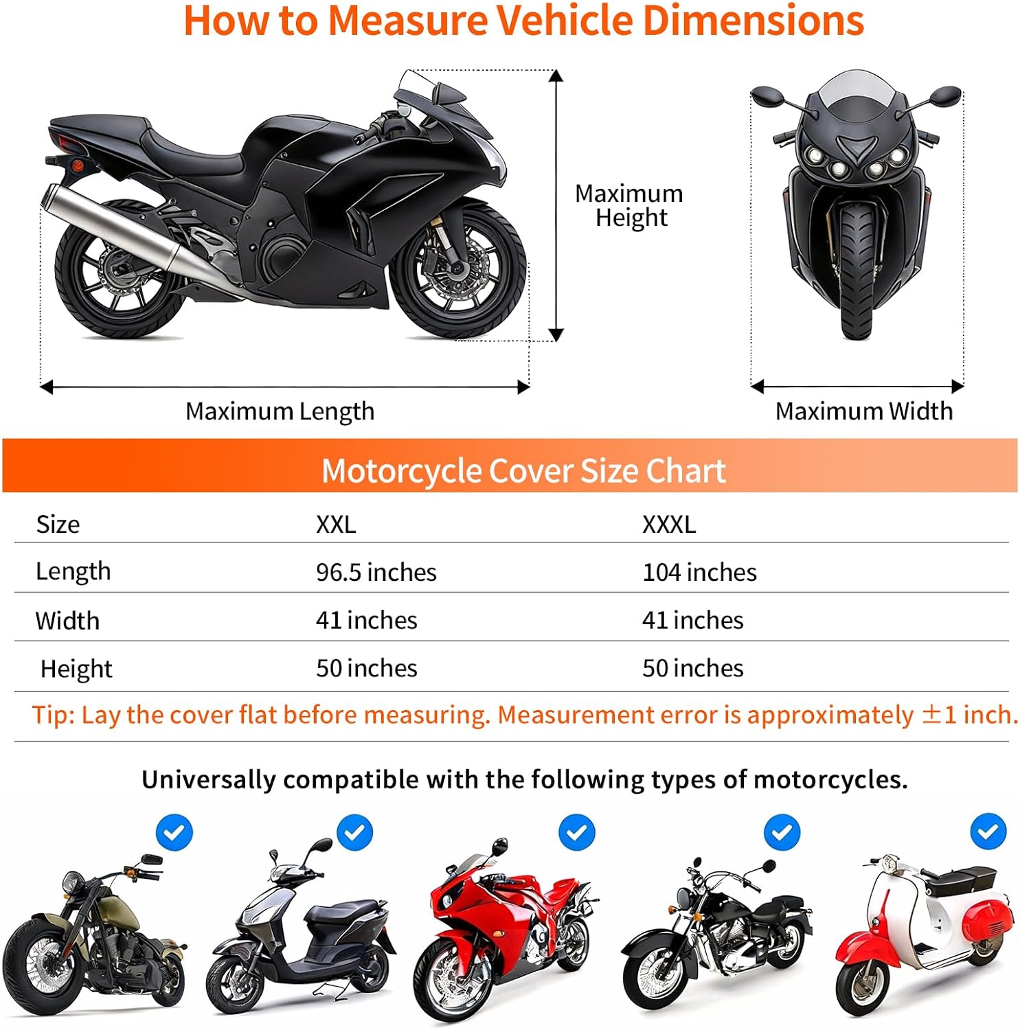 Motorcycle Cover Waterproof Outdoor, 420D Heavy‑Duty Thick Powersports Vehicle Covers with Breathable Vent Windows, Fits Up to 104 Inch, Lock-Holes, Storage Bag & Night Reflective Design image 4