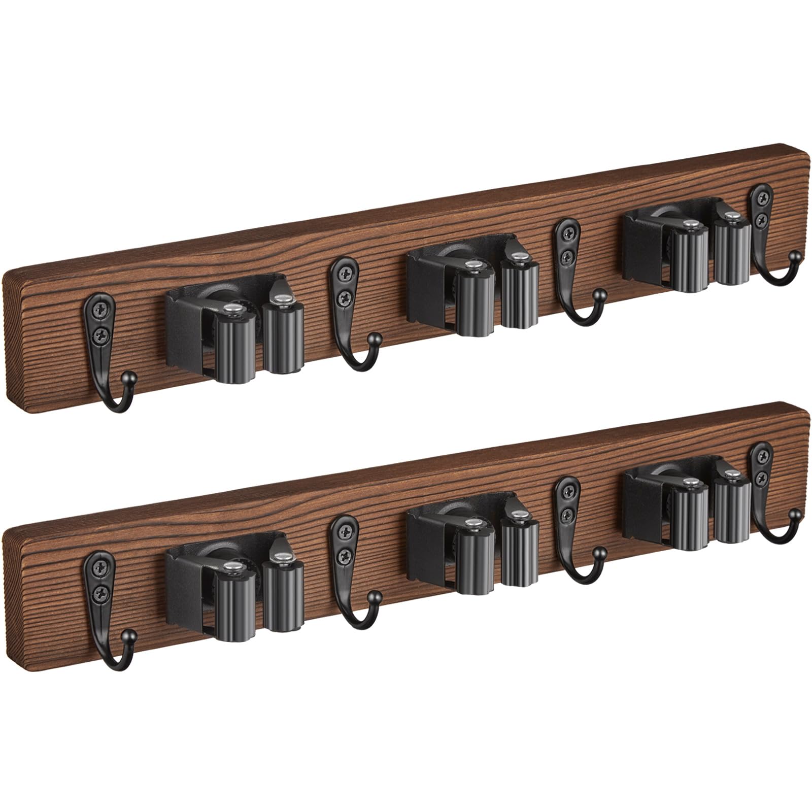 2 Pack Mop Broom Holder Wall Mount with 3 Slots & 4 Hooks - Rustic Wood Broom Mop Hanger for Pantry Kitchen Organization - Garden Tool Organizer for Closet Laundry Room