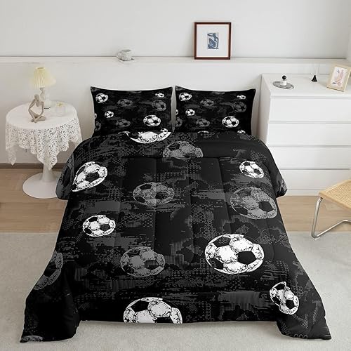 Erosebridal Juego de ropa de cama de fútbol tamaño Queen para niños, edredón deportivo con temática de juegos de pelota, decoración de habitación