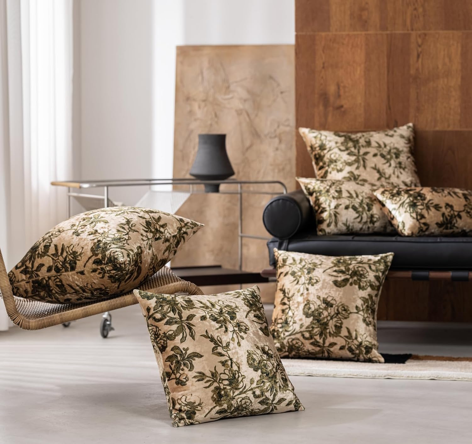 Velvet Floral Print Throw Pillow Covers Set of 2, Superior Soft Decorative Pillow Cases with Luxurious Silky Textured Vintage Cushion Covers for Home Decor Couch Sofa Bed(Champagne, 20x20)