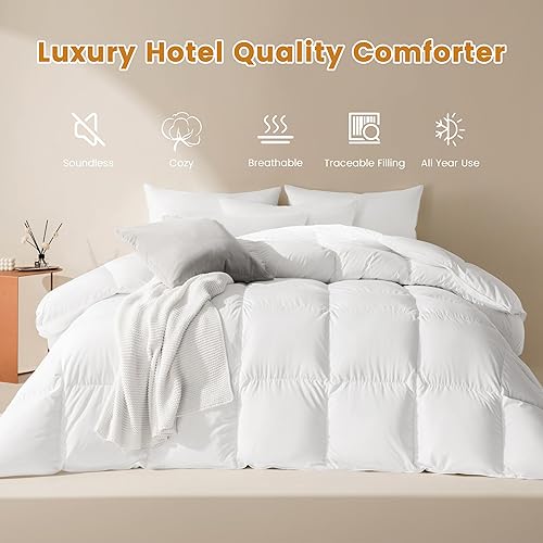 Miniatura 2 de LeWinBedding Edredón de plumas de ganso de lujo tamaño Queen, relleno de edredón esponjoso para todas las estaciones, edredón de cama de calidad de