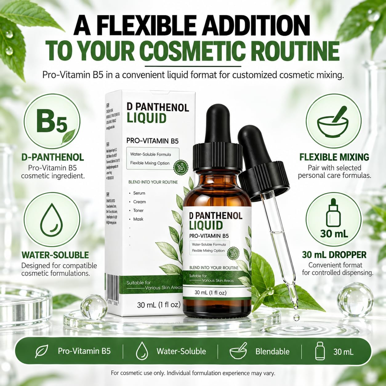 D‑Panthenol Liquid 1 fl oz (30mL), Pro‑Vitamin B5 Water‑Soluble Cosmetic Ingredient, Flexible Mix‑in for Serum, Cream, Toner, Mask, for DIY Skincare Formulations