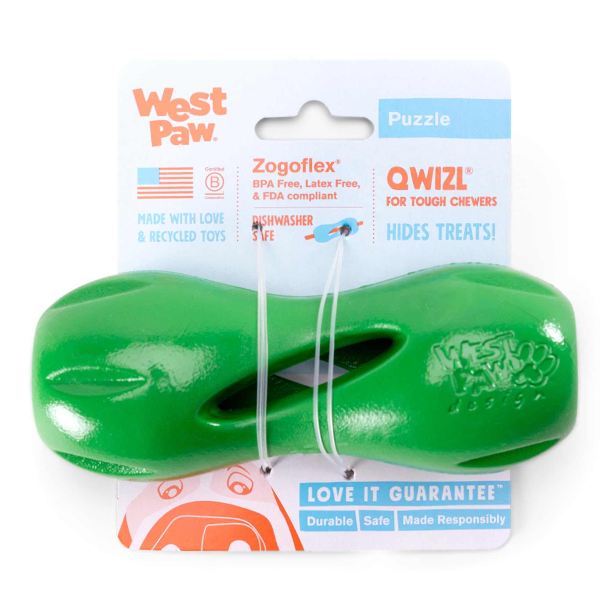 West Paw Qwizl Treat Dispensing Dog Toy for Tough Chewers- Durable Long Lasting Chew and Fetch Toy Keeps Dogs Engaged- Dishwasher Safe Safe Materials