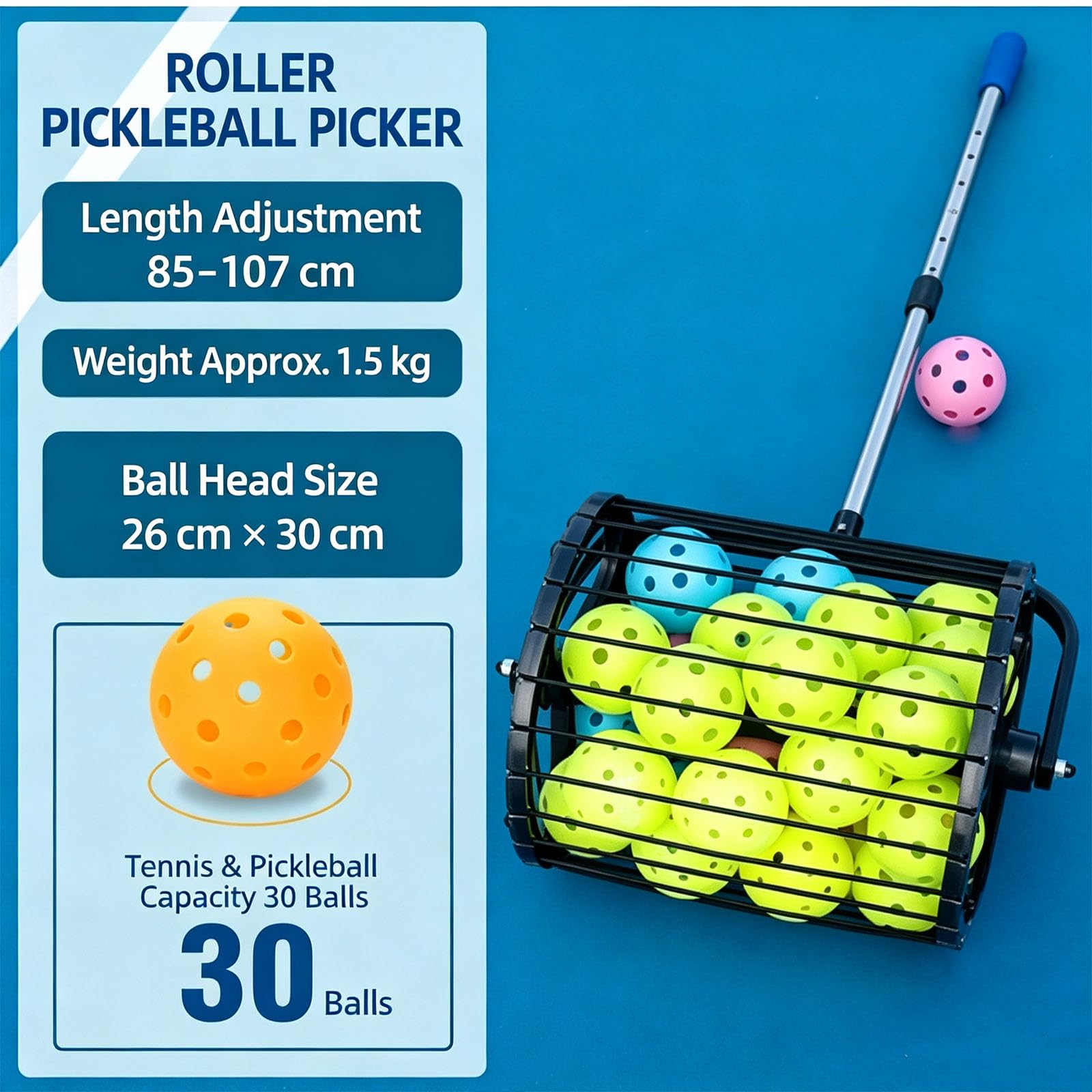 Recolector De Pelotas De Tenis con Ruedas, Tolva para Pelotas De Tenis con Mango Telescópico Ajustable Y Cordones Elásticos, Recuperación Rápida De Pelotas, Capacidad para 30 Pelotas, para