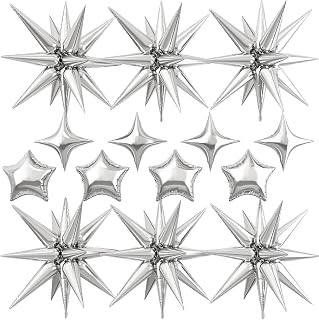 14pcs Silver Star Balloons, Mixed Star Foil Balloon, 22Inch Explosion Stars Balloons with 10Inch Stars Shaped Balloon, for Birthday Graduation Anniversary Wedding Baby Shower Disco Party Decorations