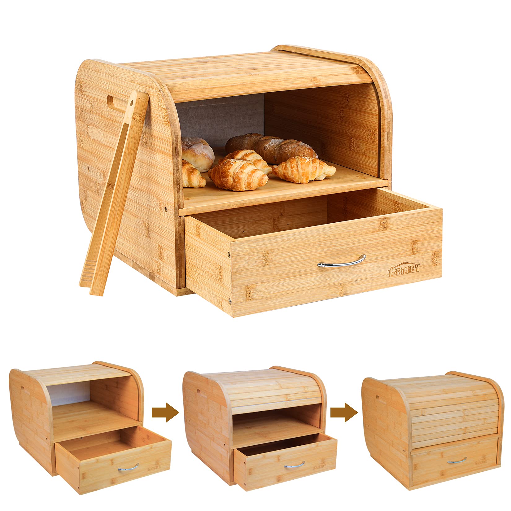 Buy Bamboo Bread Box, Wood Bread Boxes 2 Layer Double Rolltop Bread Bin