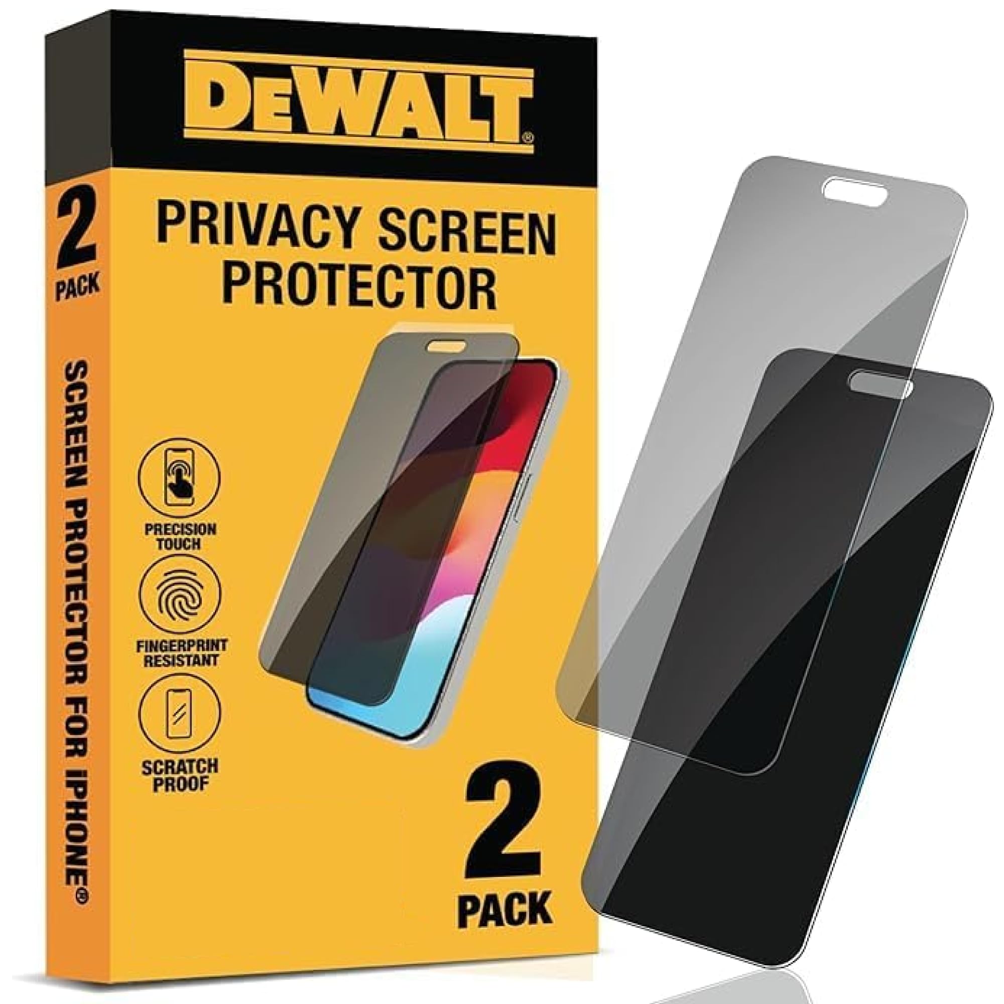 DEWALT Pellicola protettiva per schermo Heavy Duty da 2 pezzi compatibile con iPhone 17, protezione del sensore, compatibile con Dynamic Island, vetro temperato anti-spia [durezza 9H]